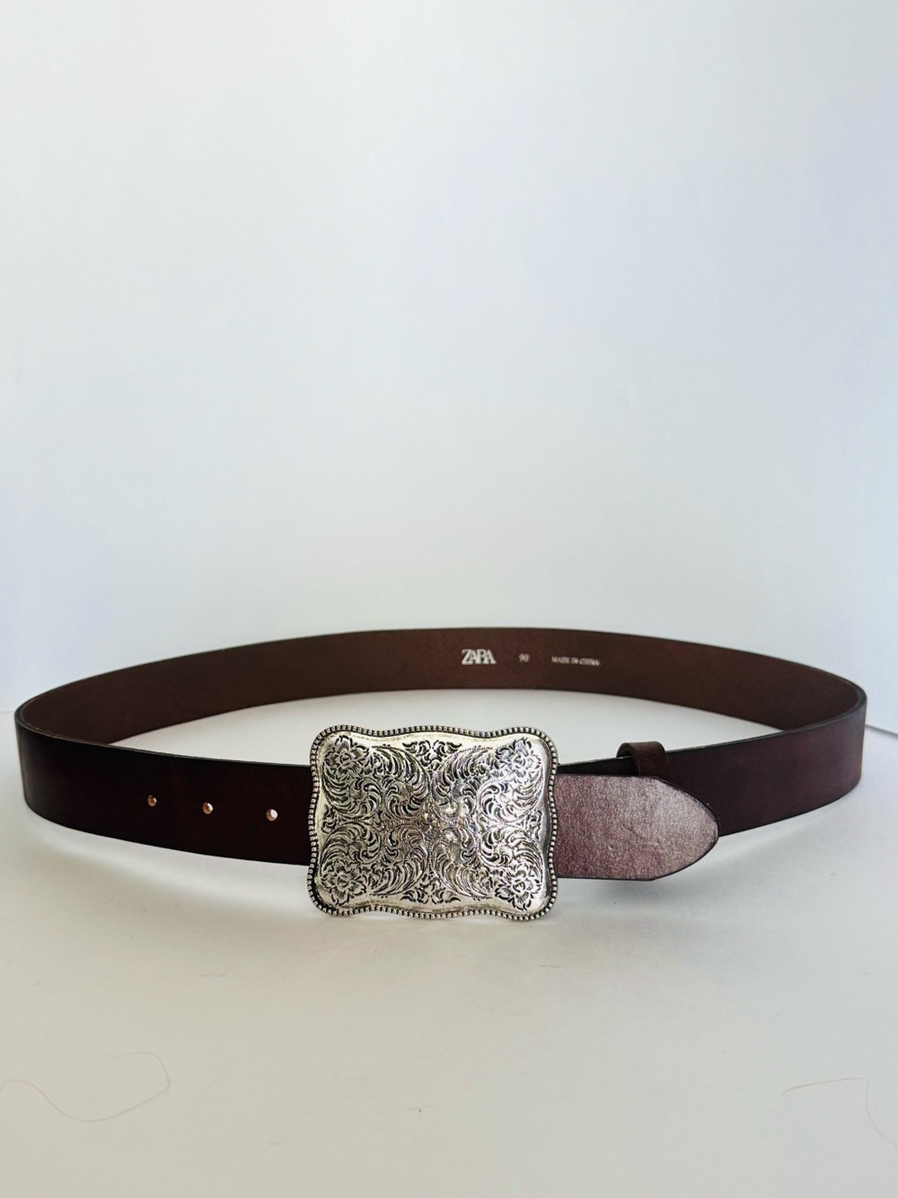 NWOT Zara Western Genuine Leather Brown Belt Ornate Silver Buckle 90